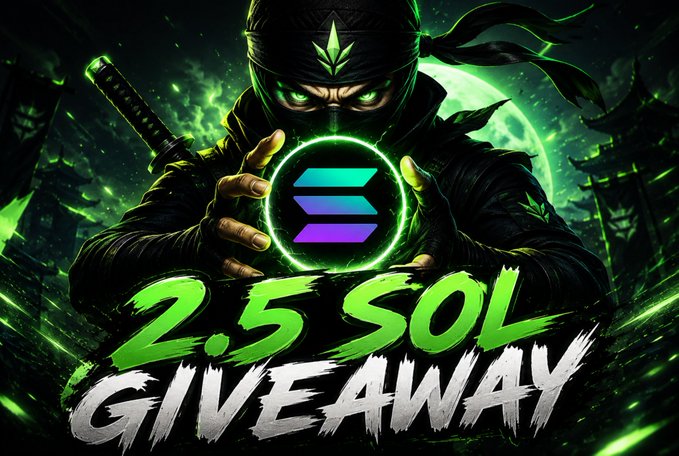 A masked ninja warrior channels glowing green energy around a Solana logo, promoting a "2.5 SOL GIVEAWAY" for 50 participants, matching the post's giveaway contest announcement.