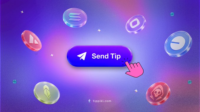 A vibrant promotional banner for tippki.com featuring a 'Send Tip' button with a pink cursor hand, surrounded by floating cryptocurrency coin icons against a purple and pink cosmic background.