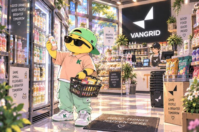 An anime-style illustration of a character in a green/yellow outfit and sunglasses holding a basket and bottle inside a brightly lit Vangrid convenience store, with signs reading 'GOOD DRINKS GOOD PEOPLE BRIGHTER TOMORROW', 'GOOD FOOD GOOD MOOD', 'A BRIGHTER TOMORROW', 'SAME SMALL PLEASURES A BRIGHTER TOMORROW', and 'GOOD THINGS HAPPEN HERE'.