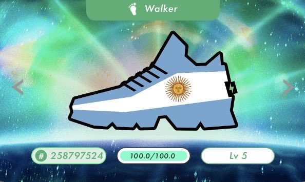 The image shows a digital sneaker designed to look like the Argentina national flag, styled as a "Walker" sneaker NFT from the StepN app, labeled with ID #258797524 and marked as Level 5 (Lv 5). It likely accompanies the post celebrating Argentina's FIFA World Cup victory, with the flag-themed sneaker serving as a tribute to the winning team.
