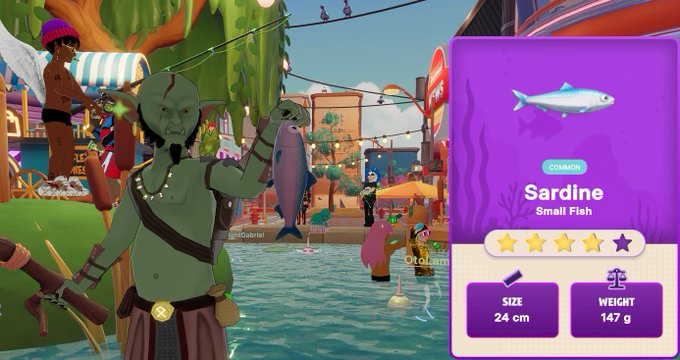 A screenshot from a video game showing a green-skinned character holding a fish in a vibrant coastal town, with an info card displaying a 'Common Sardine - Small Fish' with a 4-star rating, 24 cm size, and 147 g weight.