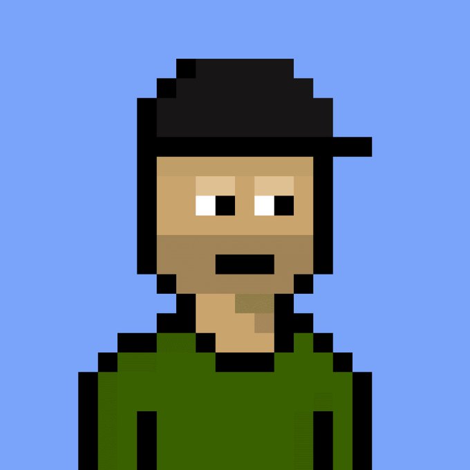 A pixel art portrait of a person with dark hair and a beard wearing a green shirt against a blue background.