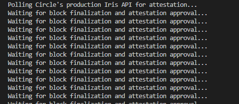 A terminal log shows repeated "Waiting for block finalization and attestation approval..." messages from Circle's Iris API attestation process. The post's reference to "team and insiders attestation" being approved aligns with the image, suggesting the looped approval messages reflect only internal approvals currently going through Circle's attestation system while purchasing ARCANINE.