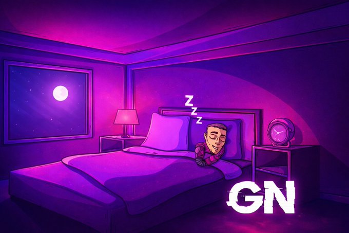 A digital illustration shows a man sleeping in a purple-lit bedroom at night, with 'Zzz' floating above his head and the letters 'GN' displayed in the bottom corner.