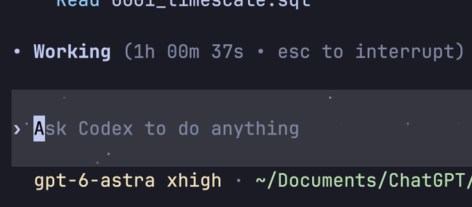 A terminal interface shows Codex still "Working (1h 00m 37s)" on "Read good_timescale.sql" with a prompt to "Ask Codex to do anything" using the "gpt-6-astra xhigh" model, illustrating the user's frustration at burning through a long hour with minimal progress (just 1% used) on this high-tier model.