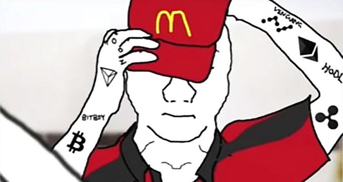 An anime-style drawing of a figure wearing a McDonald's cap and hoodie covered in crypto logos (Bitcoin, Ethereum, XRP, etc.) covering their face with their hands.