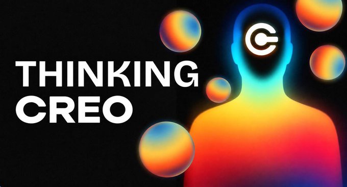 A vibrant promotional graphic featuring a colorful gradient human silhouette with a "C" logo on the forehead, surrounded by floating spheres, alongside the bold text "THINKING CREO"—visually representing the AI-powered token launch platform described in the post.