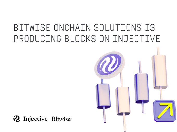 An announcement graphic stating 'BITWISE ONCHAIN SOLUTIONS IS PRODUCING BLOCKS ON INJECTIVE' with the Injective and Bitwise logos and a 3D illustration of chain links and a directional arrow icon.