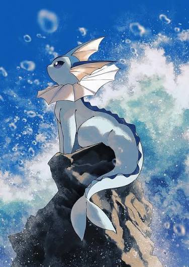 A digital illustration shows a white and blue dragon-like creature perched on a rocky outcrop, gazing at bubbles floating against a bright blue sky and ocean waves.