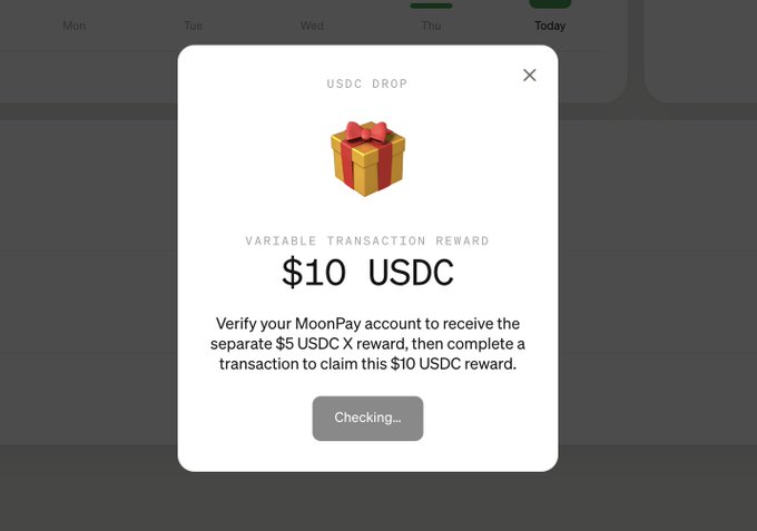 A $10 USDC reward pop-up from MoonPay appears, with instructions to verify the MoonPay account for a separate $5 USDC reward before claiming the $10 transaction reward. The "Checking..." button suggests the user is in the process of claiming the reward, tying into the post's joke about MoonPay sponsoring their sleep with the $10 reward.
