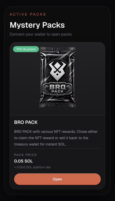 Mobile interface for Mystery Packs showing a 'BRO PACK' with 70% buyback, priced at 0.05 SOL plus platform fee, offering NFT rewards or instant SOL.