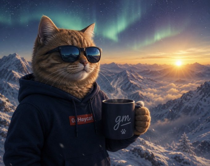 A digital illustration of an orange tabby cat wearing sunglasses and a black hoodie with '0xHeycat' written on it, holding a black 'gm' mug while standing against a snowy mountain landscape with aurora borealis in the sky.