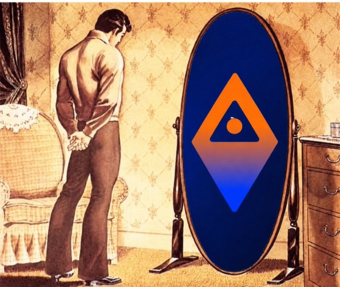A retro-style image showing a man looking at a standing oval mirror, which reflects an orange and blue diamond/triangle logo with a circle in the center.