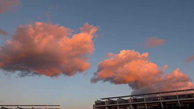 A vibrant sunset sky features pink and orange clouds above the edge of a building.