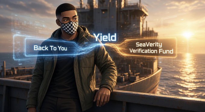 A digital artwork showing a man wearing a checkered mask leaning on a boat railing at sunset, with glowing blue and orange text overlays reading 'Back To You', 'Yield', and 'SeaVerity Verification Fund'.