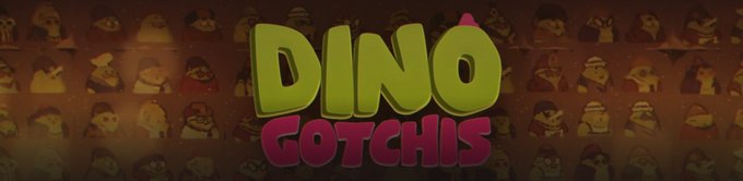 A title card reading 'DINO GOTCHIS' in green and red 3D text against a brown background featuring a repeating pattern of cartoon characters.