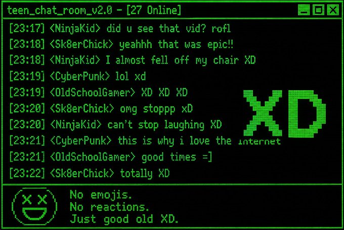 A retro-style pixelated chat room titled 'teen_chat_room_v2.0 - [27 Online]' shows users exchanging messages like 'rofl' and 'XD', with a large green 'XD' displayed and a bottom message reading 'No emojis. No reactions. Just good old XD.'