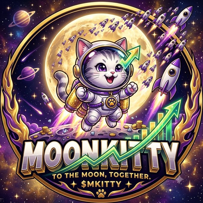 A cartoon cat astronaut in a space suit joyfully flies upward amid rockets, planets, and a bar chart with a rising arrow, above the text "MOONKITTY — TO THE MOON, TOGETHER." and "$MKITTY." The image visually captures the post's theme of a community-driven Solana meme coin aiming for the moon.
