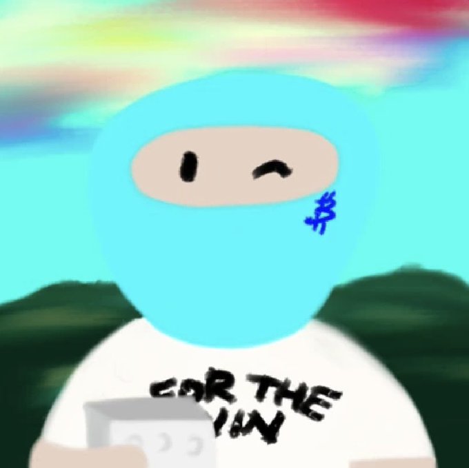 A cartoon drawing of a blue ninja character wearing a white shirt that reads 'FOR THE' holding a cup with a blurred landscape background.