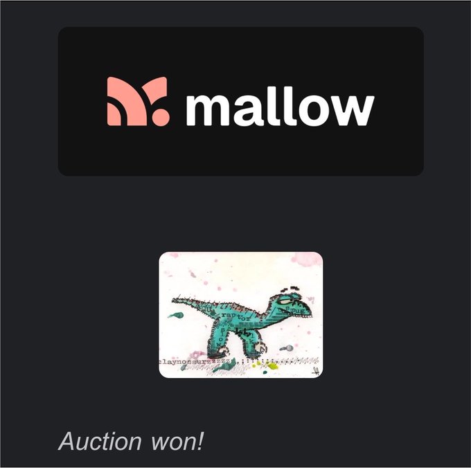 A digital notification from 'mallow' announces an 'Auction won!' alongside an illustration of a green dinosaur.