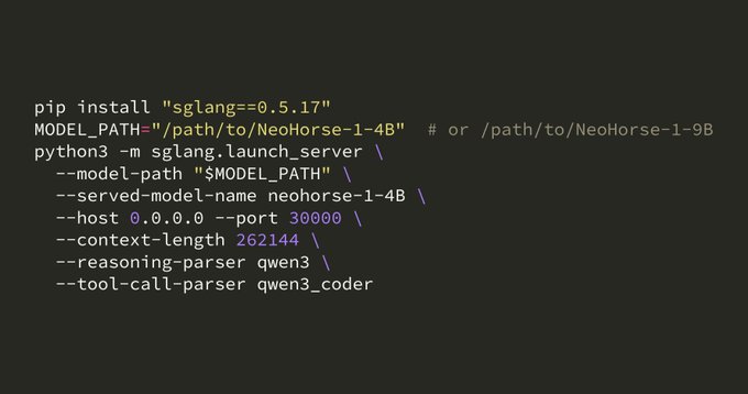 A terminal window displays bash commands for installing sglang version 0.5.17 and launching a server for a 'NeoHorse' 4B or 9B model with specific host and port configurations.