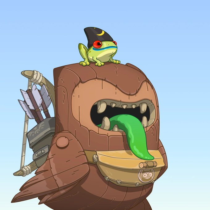 An illustration of a brown wooden creature with a gaping toothy mouth, a long green tongue, and a small green frog wearing a wizard hat sitting on top.