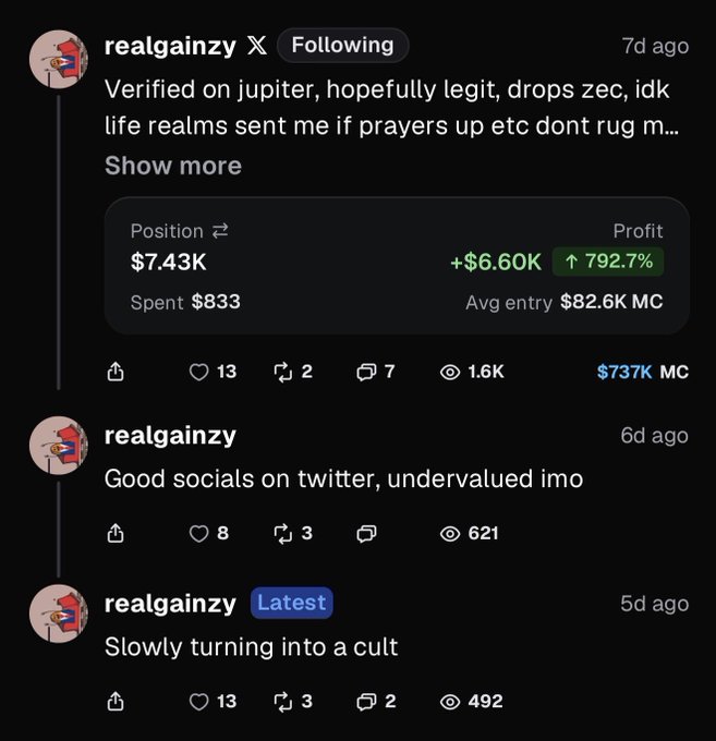 A social media feed shows posts by 'realgainzy' about crypto trading, including one post showing a profit of '+$6.60K' and '↑ 792.7%' on a position that returned $7.43K.