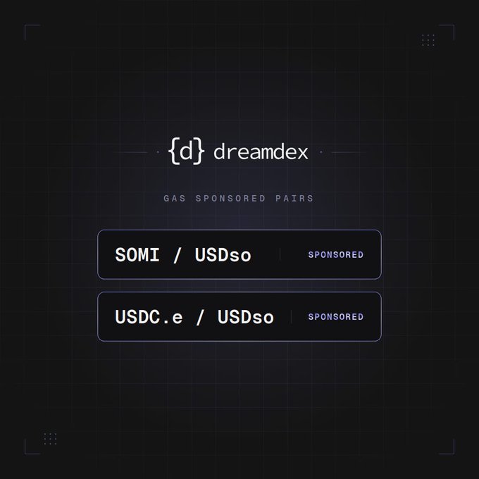 The image displays a dark-themed DreamDEX promotional graphic featuring the logo "{d} dreamdex" with the header "GAS SPONSORED PAIRS," listing two sponsored trading pairs: "SOMI / USDso" and "USDC.e / USDso." The graphic visually reinforces the post's message by highlighting that these specific pairs can be swapped on Somnia's DreamDEX with no gas fees required.