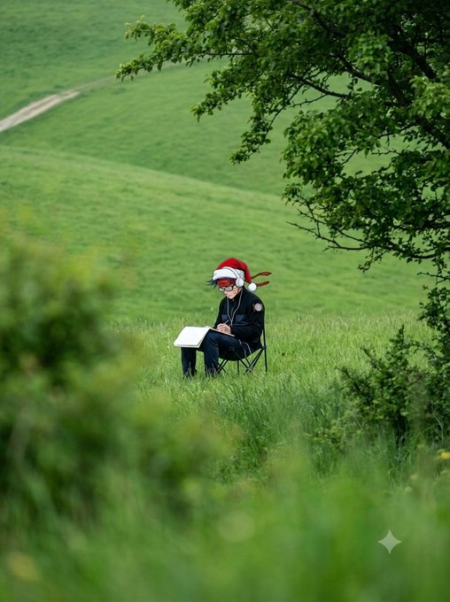 A person wearing a red hat and headphones sits on a chair in a lush green field, drawing on a sketchpad.