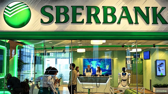 The image shows the entrance of a Sberbank branch with its distinctive green logo prominently displayed, featuring customers and staff inside alongside what appears to be a humanoid robot, visually illustrating the bank's modern technological approach as it prepares to launch crypto trading services for BTC and ETH.