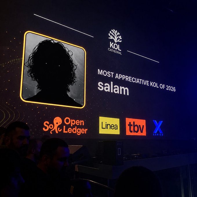 A silhouette avatar is displayed on a large screen announcing "MOST APPRECIATIVE KOL OF 2026 - salam" at the KOL Cathedral awards, sponsored by Open Ledger, Linea, tbv, and X Series, with audience members visible in the foreground watching the ceremony.