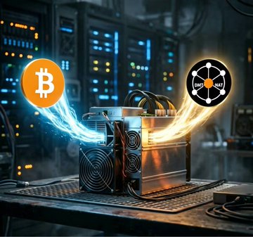 A mining rig sits between glowing Bitcoin (₿) and CNAT logos, visually echoing the post's metaphor that pairs Bayan Obo's decades-long iron and rare earth mining legacy with the dual-token concept of Bitcoin + $NAT.