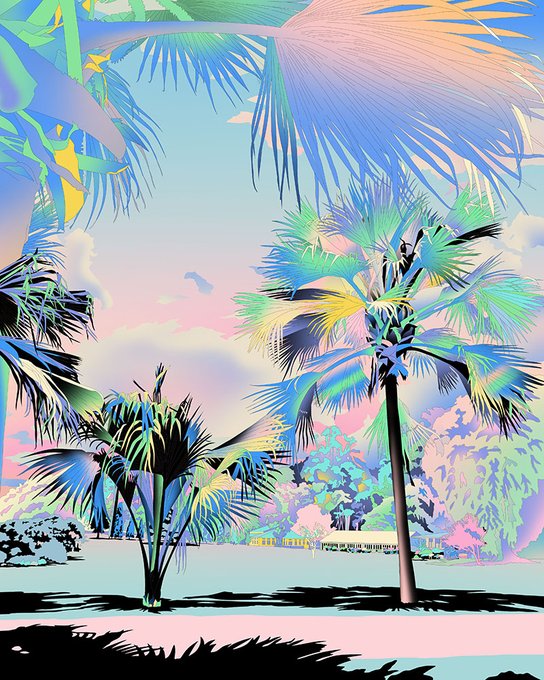 Stylized digital artwork of tropical palm trees with iridescent, pastel-colored fronds against a pink and blue sky.