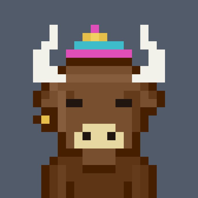 Pixel art of a brown character wearing white horns and a colorful conical hat.