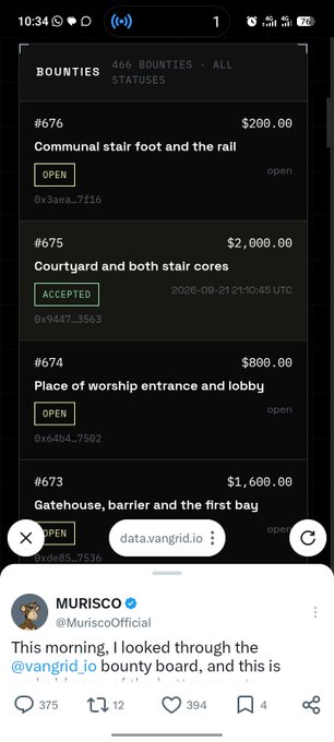 A mobile screenshot of the Vangrid bounty board on data.vangrid.io showing bug bounties with statuses like 'OPEN' and 'ACCEPTED', overlaid with a tweet from @MuriscoOfficial discussing the board.