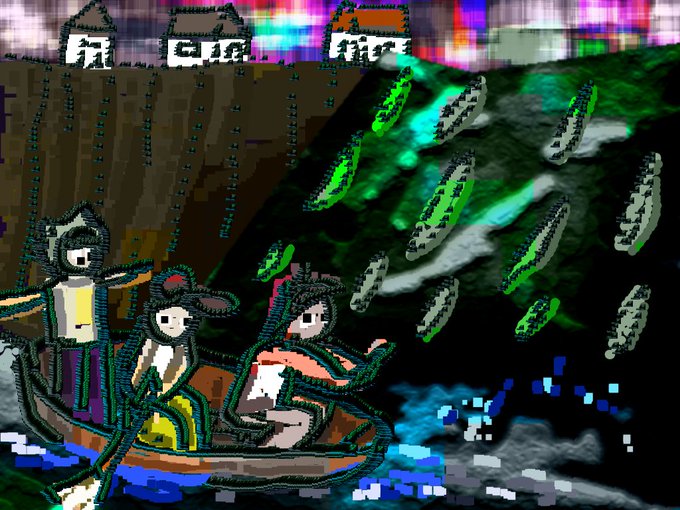 A colorful digital illustration showing three cartoon characters in a boat casting glowing green nets into dark water near a wooden structure labeled 'A GUERRA'.