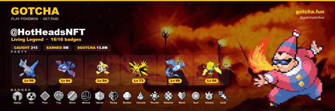 The image displays a GOTCHA game interface with @HotHeadsNFT's party of Pokémon, including legendary creatures, and all 16 badges earned. It visually reinforces the accompanying post's mention of a "fire type" and the "heat" of the collaboration.