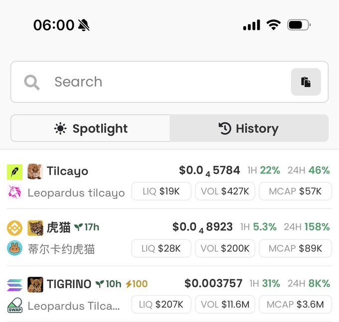 The image shows a cryptocurrency tracker app displaying three tokens related to the "Tilcayo" (ocelot) feline theme: Tilcayo ($0.045784, +22% 1H), 虎猫/蒂尔卡约虎猫 ($0.048923, +5.3% 1H, +158% 24H), and TIGRINO ($0.003757, +31% 1H, +8K% 24H) with notable 24-hour surges that align with the post's commentary about the recent discovery hype around this rare ocelot species driving on-chain speculation.