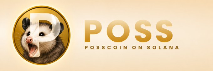 A promotional banner for 'POSS - POSSCOIN ON SOLANA' featuring a golden coin with an opossum face inside the letter 'P'.