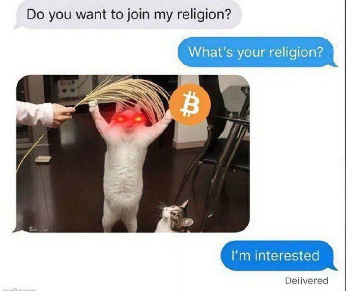 A text message meme asks 'Do you want to join my religion?' and shows a white cat with glowing red eyes being offered a whisk broom, with a Bitcoin logo added; the reply reads 'What's your religion?' and 'I'm interested'.
