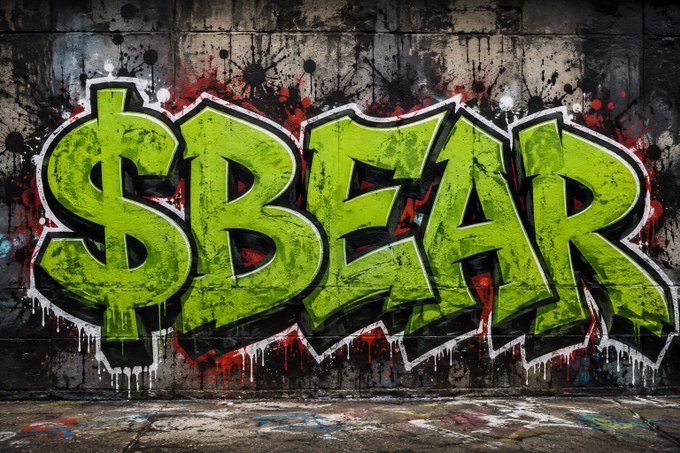 A vibrant graffiti mural on a weathered concrete wall spelling '$BEAR' in bold, dripping green letters with red splatter accents, evoking the phrase 'Bear Market'.