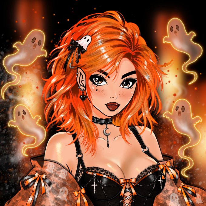 A stylized digital illustration of a red-haired woman with a gothic outfit, heart choker, and small ghost hair clip, surrounded by glowing cartoon ghosts.