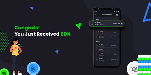 A celebratory screen with the message 'Congrats! You Just Recieved BDX' featuring a cartoon character holding a phone, alongside a phone display showing transactions of 0.8 BDX received.