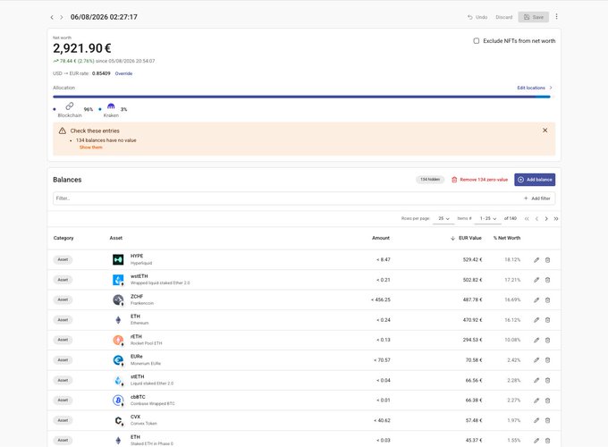 A cryptocurrency portfolio dashboard dated 06/08/2026 displays a net worth of 2,921.90€, with a portfolio allocation chart and a balances table listing assets including HYPE, wstETH, ZCHF, ETH, wstETH, EUrlle, WETH, cbBTC, CVX, and ETH, each with amounts and EUR values.