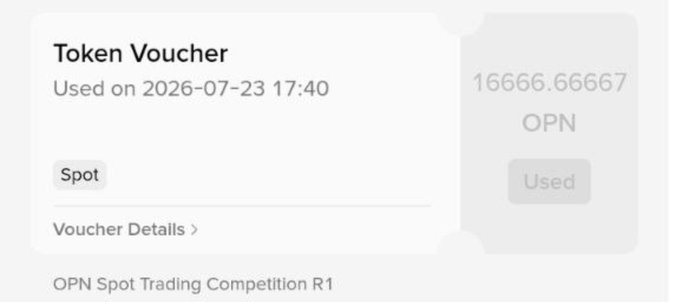A screenshot of a Binance Token Voucher confirming the redemption of 16,666.66667 OPN tokens used on 2026-07-23 for the OPN Spot Trading Competition R1, marking the successful $1,148 reward claim shared in the post.
