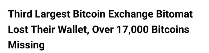 The image shows a gray background with white text that reads "Third largest Bitcoin exchange Bitomat lost their wallet, Over 17,000 Bitcoins missing". This message seems to be related to a recent incident involving Bitomat, an exchange platform for Bitcoin transactions. The text emphasizes the loss of Bitomat's wallet and the subsequent theft of over 17,000 Bitcoins by hackers.