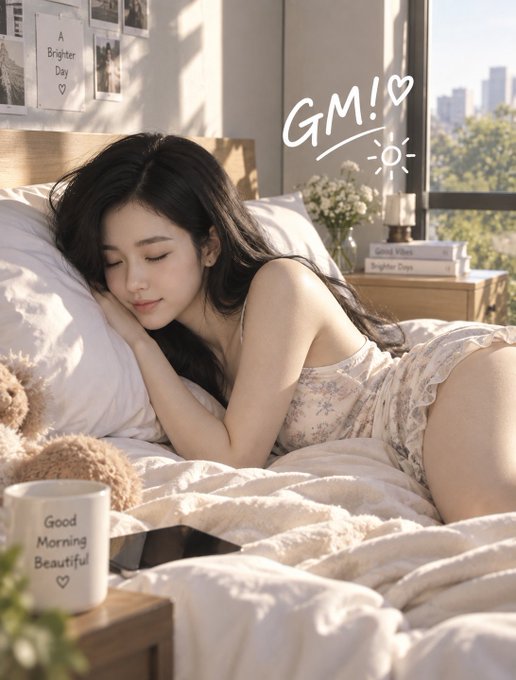 A 'Good Morning Beautiful' style image showing a young woman sleeping in bed in soft morning light, with a teddy bear, a mug reading 'Good Morning Beautiful', and 'GM!' text overlay.