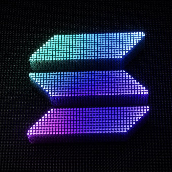 A glowing 3D-style "S" logo representing the Solana cryptocurrency, displayed in cyan, blue, and purple gradient dots against a dark mesh background, visually reinforcing the "Big week for Solana" announcement.