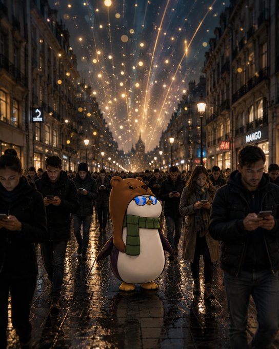 An AI-generated image of a cute bear-like character with a brown hat and green scarf standing on a wet European-style street at night, surrounded by crowds of people looking at their phones, with golden sparkles and lights in the sky.