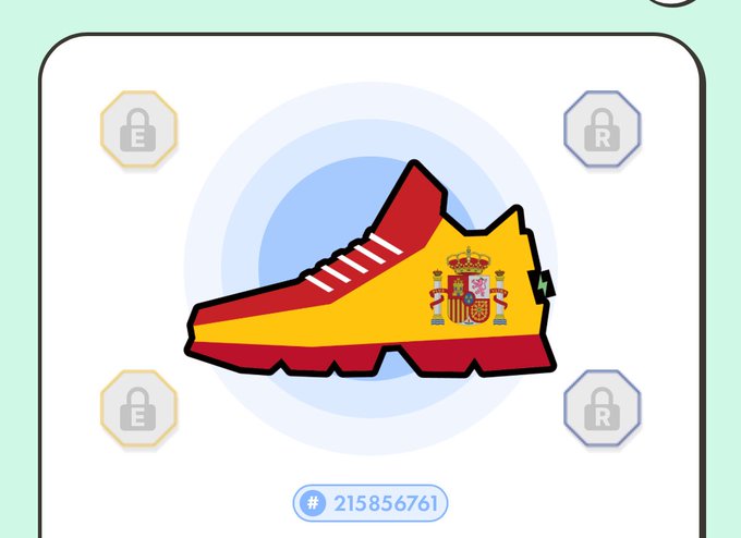 A digital illustration of a sneaker decorated with the Spanish flag, surrounded by lock icons labeled 'E' and 'R', with the number '215856761' displayed below.